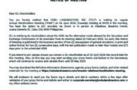 Cebu Landmasters, Inc. to hold Annual Stockholders’ Meeting on June 4